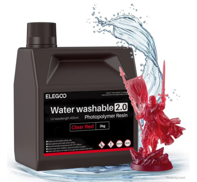 Фотополімерна смола для 3D принтера ELEGOO Water Washable Resin V2.0 2000G Clear Red