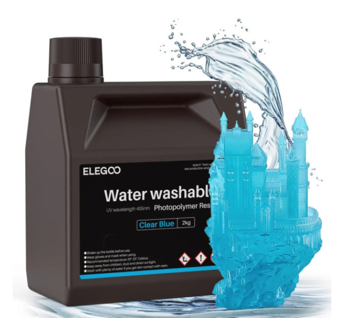 Фотополімерна смола для 3D принтера ELEGOO Water Washable Resin 2000G Clear Blue