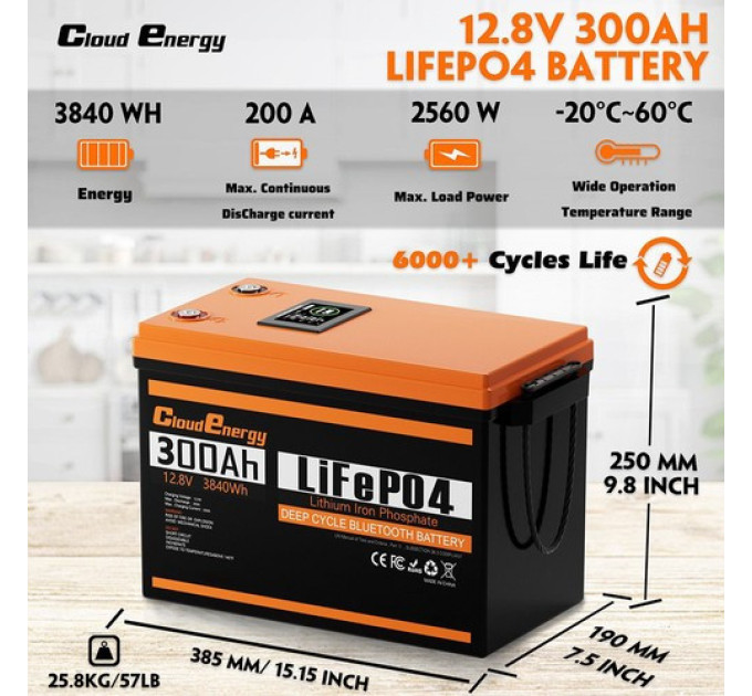 Акумулятор Cloudenergy 12 В 300 Ач LiFePO4 Резервне живлення