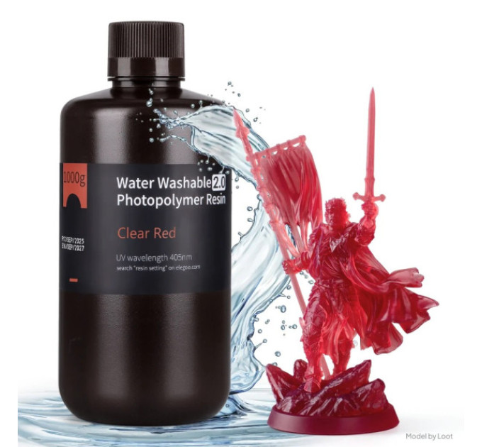 Фотополімерна смола для 3D принтера ELEGOO Water Washable Resin V2.0 1000G Clear Red