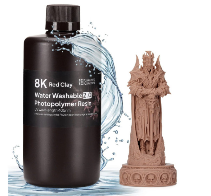 Фотополімерна смола для 3D принтера ELEGOO Water Washable V2.0 Resin 8k 1000G Red Clay