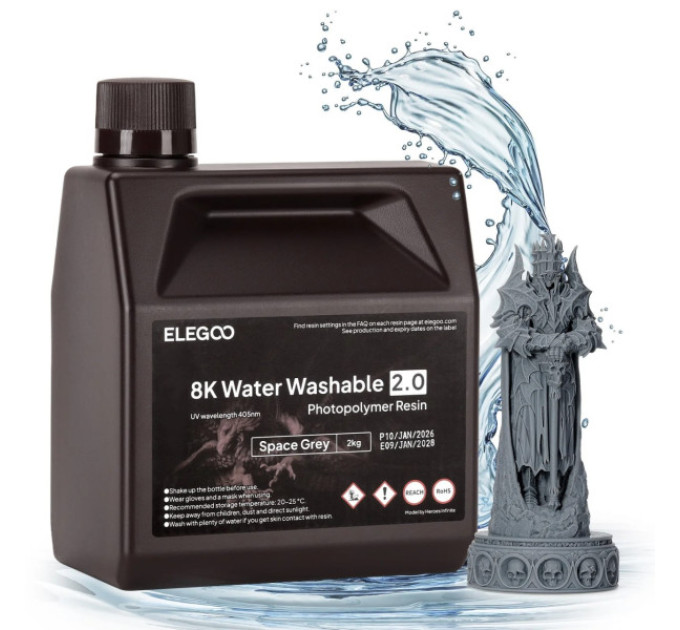 Фотополімерна смола для 3D принтера ELEGOO Water Washable V2.0 Resin 8k 2000G Space Grey