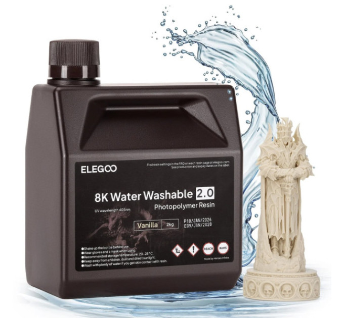 Фотополімерна смола для 3D принтера ELEGOO Water Washable V2.0 Resin 8k 2000G Vanilla