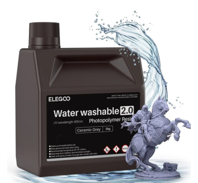 Фотополімерна смола для 3D принтера ELEGOO Water Washable Resin V2.0 2000G Ceramic Grey