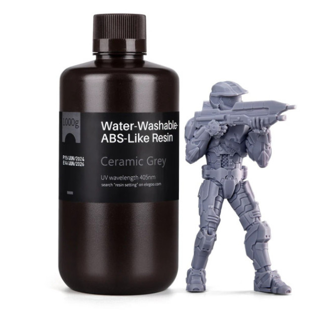 Фотополімерна смола для 3D принтера ELEGOO Water Washable ABS-Like Resin 1000G Ceramic Grey