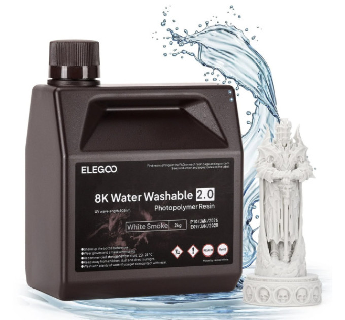 Фотополімерна смола для 3D принтера ELEGOO Water Washable V2.0 Resin 8k 2000G White Smoke