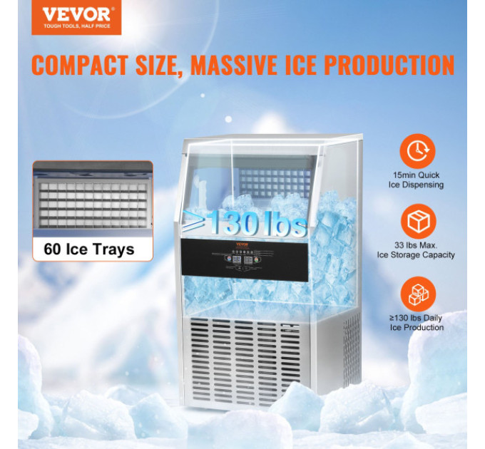 Льодогенератор Vevor SSX120 56кг льоду за 24 години, 15кг бак