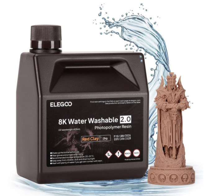 Фотополімерна смола для 3D принтера ELEGOO Water Washable V2.0 Resin 8k 2000G Red Clay