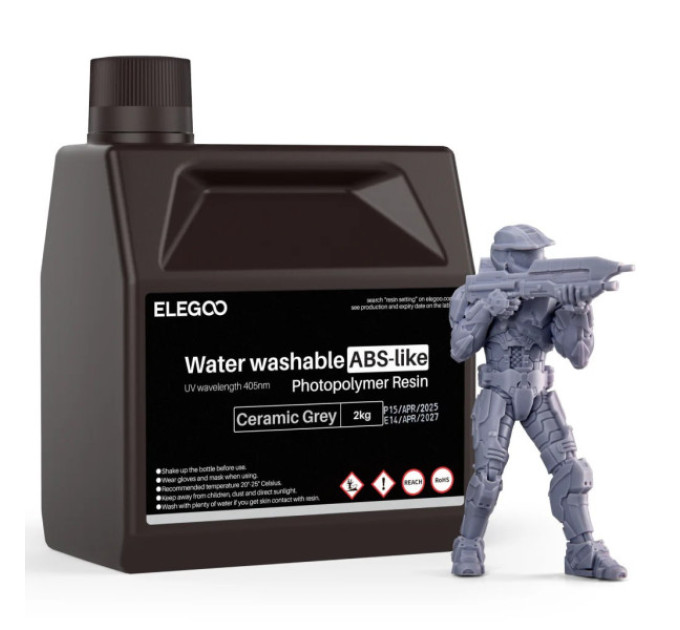 Фотополімерна смола для 3D принтера ELEGOO Water Washable ABS-Like Resin 2000G Ceramic Grey
