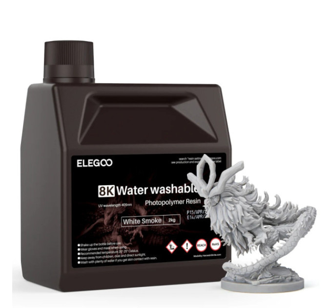 Фотополімерна смола для 3D принтера ELEGOO Water Washable Resin 8k 2КG White Smoke