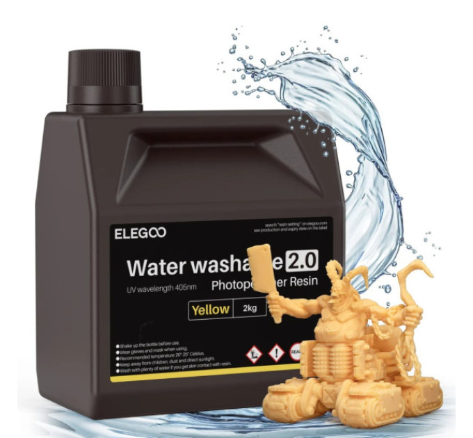 Фотополімерна смола для 3D принтера ELEGOO Water Washable Resin V2.0 2000G Yellow