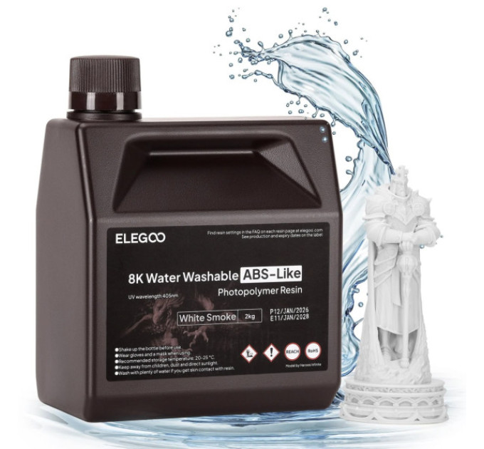 Фотополімерна смола для 3D принтера ELEGOO Water Washable ABS-Like Resin 8k 2000G White Smoke
