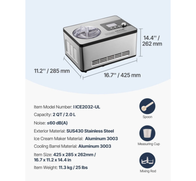 Компресорна машина для морозива VEVOR ICE2032-UL 2 л, 180 Вт 