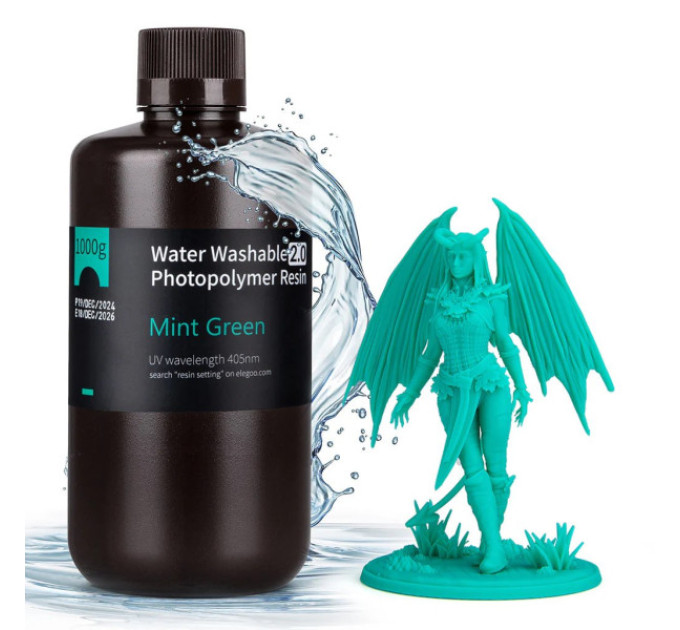 Фотополімерна смола для 3D принтера ELEGOO Water Washable Resin V2.0 1000G Mint Green