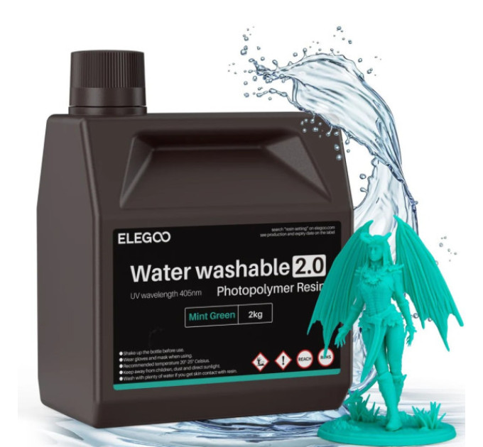 Фотополімерна смола для 3D принтера ELEGOO Water Washable Resin V2.0 2000G Mint Green