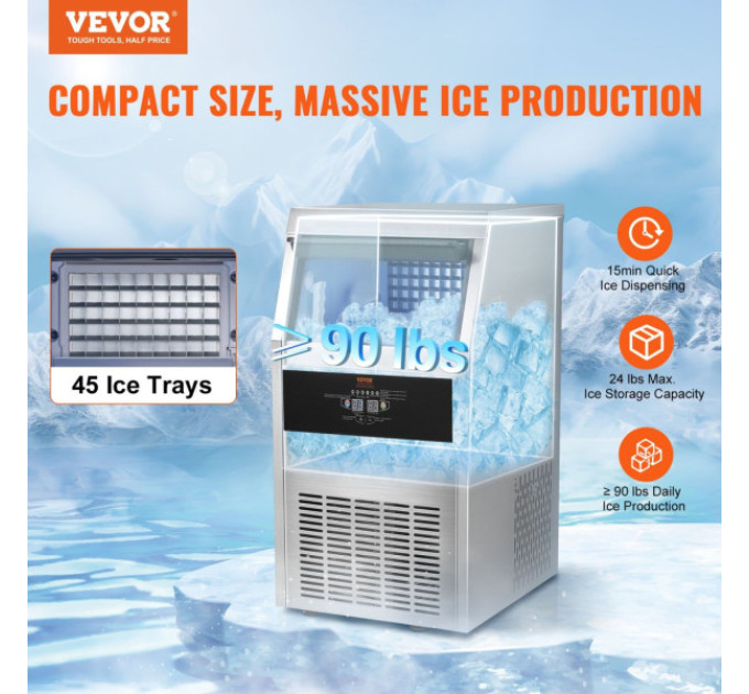Льодогенератор Vevor SSX90 41кг льоду за 24 години,11кг бак