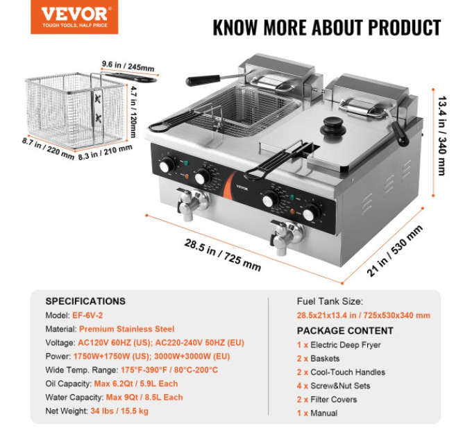 Комерційна електрична фритюрниця VEVOR ЕF-6В-2 резервуар 2x9Qt/8,5 л