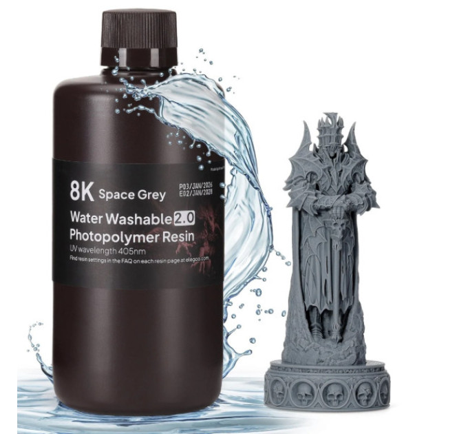 Фотополімерна смола для 3D принтера ELEGOO Water Washable V2.0 Resin 8k 1000G Space Grey