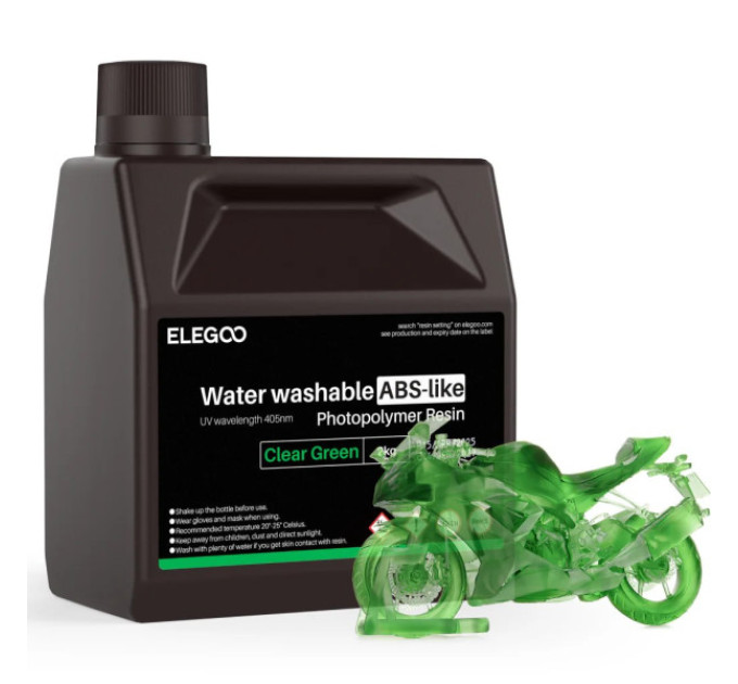 Фотополімерна смола для 3D принтера ELEGOO Water Washable ABS-Like Resin 2000G Clear Green