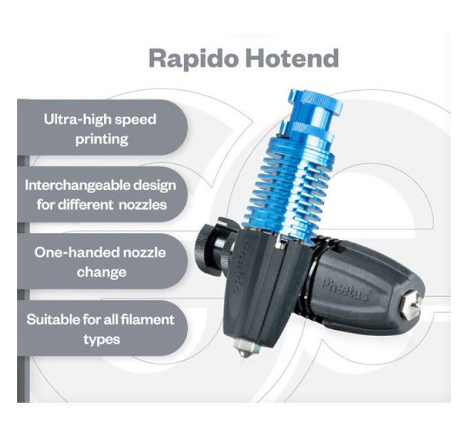Хотенд Phaetus Rapido UHF, потік 75 мм³/с, для 3D-принтерів Prusa та сопел Volcano та V6