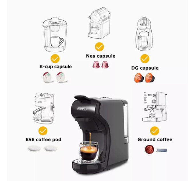 Кавоварка HiBREW H1A 4 в 1 Expresso, сумісна з меленою кавою DG Capsule - чорного кольору