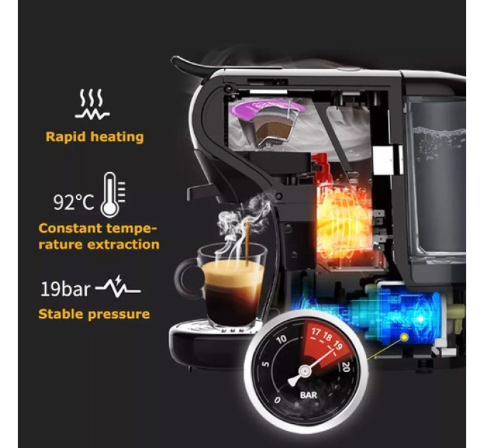 Кавоварка HiBREW H1A 4 в 1 Expresso, сумісна з меленою кавою DG Capsule - чорного кольору