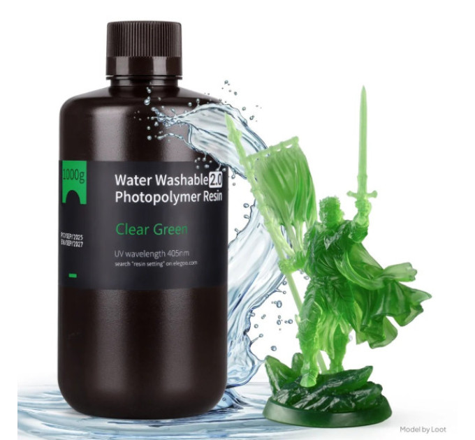 Фотополімерна смола для 3D принтера ELEGOO Water Washable Resin V2.0 1000G Clear Green