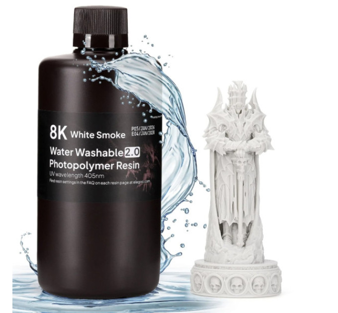 Фотополімерна смола для 3D принтера ELEGOO Water Washable V2.0 Resin 8k 1000G White Smoke