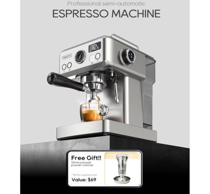 Напівавтоматична еспресо-машина HiBREW H10A, 20 бар, для холодної/гарячої кави - срібляста