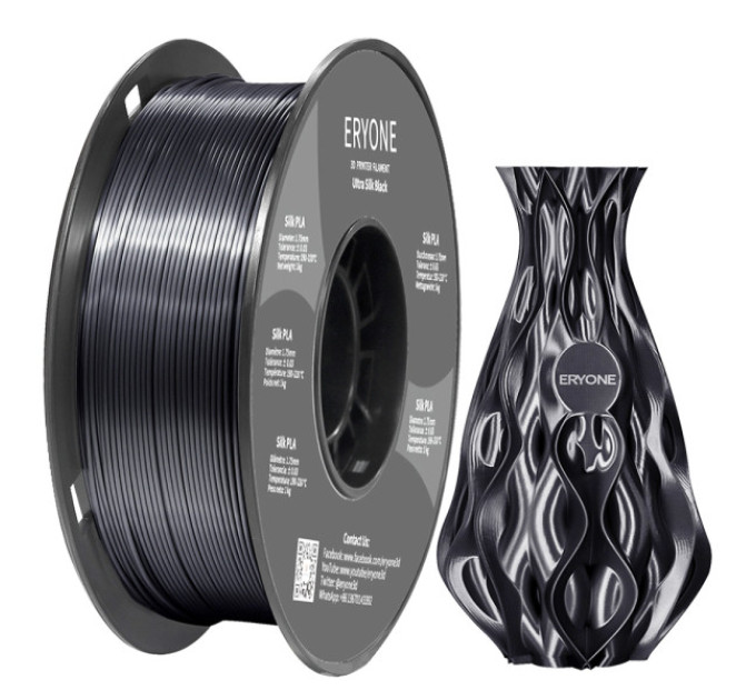 Філамент ERYONE Ultra Silk PLA для 3D-принтера 1,75 мм, допуск 0,03 мм, 1 кг- чорний