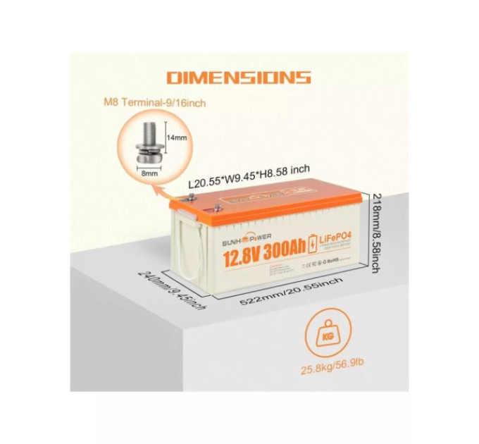 SUNHOOPOWER 12V 300Ah LiFePO4 батарея, 3840Wh енергії, вбудований 200A BMS, макс. 2560W потужність