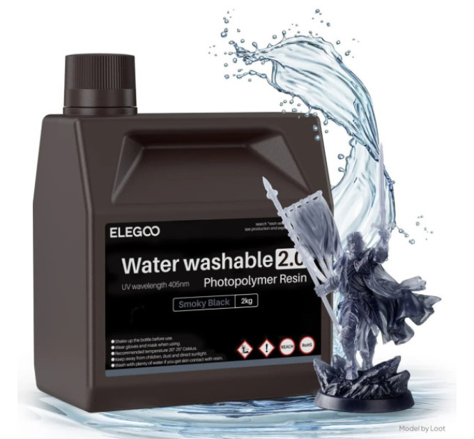Фотополімерна смола для 3D принтера ELEGOO Water Washable Resin V2.0 2000G Smoky Black